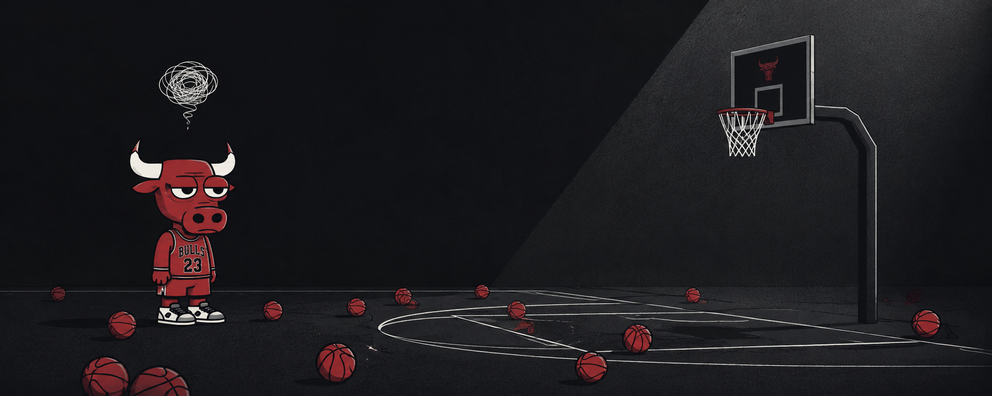 A dazed cartoon bull in a Bulls #23 jersey standing alone on a dark court surrounded by basketballs, a scribble of confusion above his head